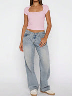 Vaiaye Women's Spring-Summer Sexy Fitted Knit Top, Solid Color Square Neck Casual T-Shirt, Suitable For Valentine's Day