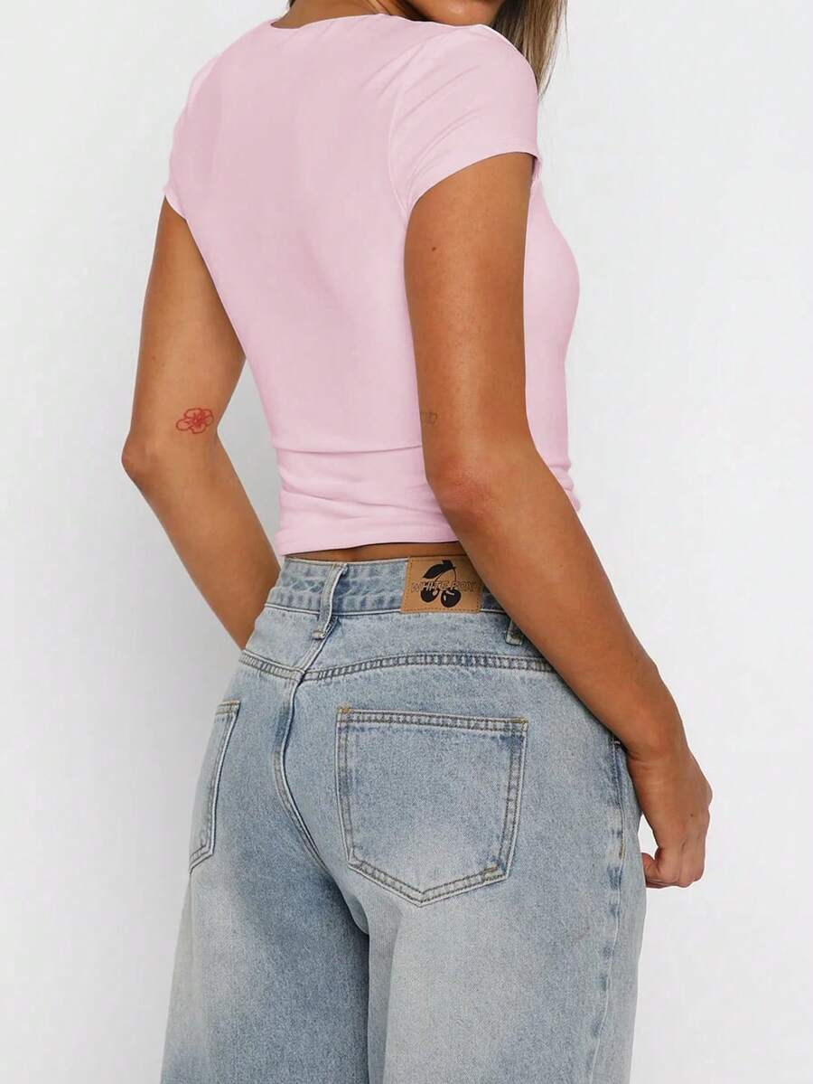 Vaiaye Women's Spring-Summer Sexy Fitted Knit Top, Solid Color Square Neck Casual T-Shirt, Suitable For Valentine's Day
