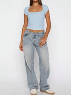 Vaiaye Women's Spring-Summer Sexy Fitted Knit Top, Solid Color Square Neck Casual T-Shirt, Suitable For Valentine's Day