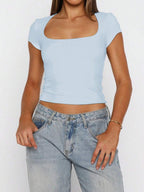 Vaiaye Women's Spring-Summer Sexy Fitted Knit Top, Solid Color Square Neck Casual T-Shirt, Suitable For Valentine's Day