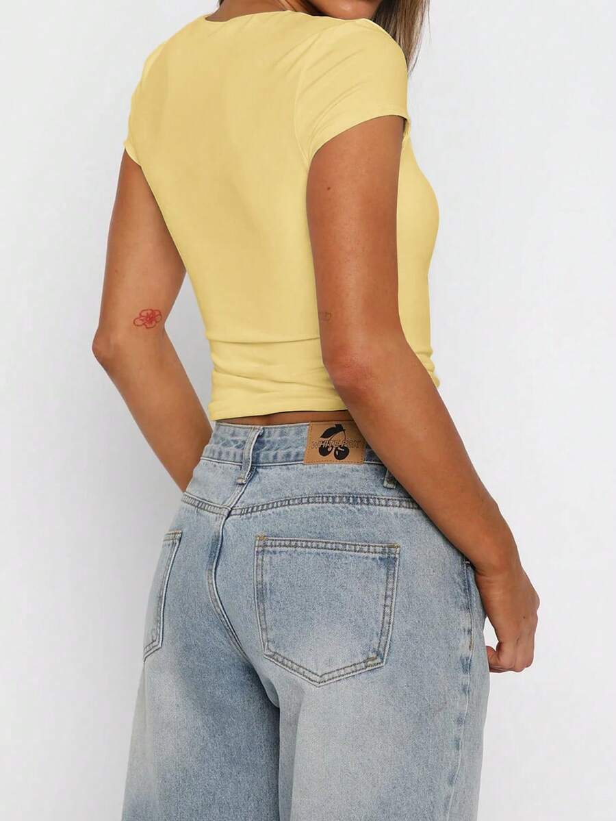 Vaiaye Women's Spring-Summer Sexy Fitted Knit Top, Solid Color Square Neck Casual T-Shirt, Suitable For Valentine's Day