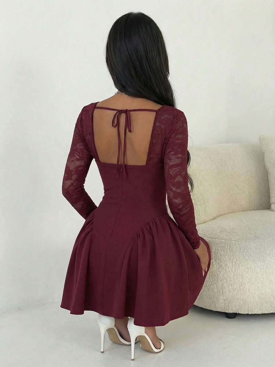 SHEIN Allurite Holiday Costume Dress Christmas Party Ball White Lace Long Sleeve Princess Tutu Sexy Mini Dress;Fall Women Clothes;Holiday Party Dress;New Year Eve Dress;New Years Women Outfit,Valentine's Day Mini Dress, Spring/Summer Mini Dress,Black And White Stitching Black Corset Dress Dinner Date Dress Sweetheart Neckline Dress Corset Top Dress Wine Dress Maroon Dress