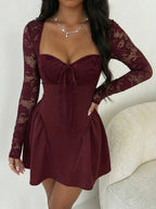 SHEIN Allurite Holiday Costume Dress Christmas Party Ball White Lace Long Sleeve Princess Tutu Sexy Mini Dress;Fall Women Clothes;Holiday Party Dress;New Year Eve Dress;New Years Women Outfit,Valentine's Day Mini Dress, Spring/Summer Mini Dress,Black And White Stitching Black Corset Dress Dinner Date Dress Sweetheart Neckline Dress Corset Top Dress Wine Dress Maroon Dress