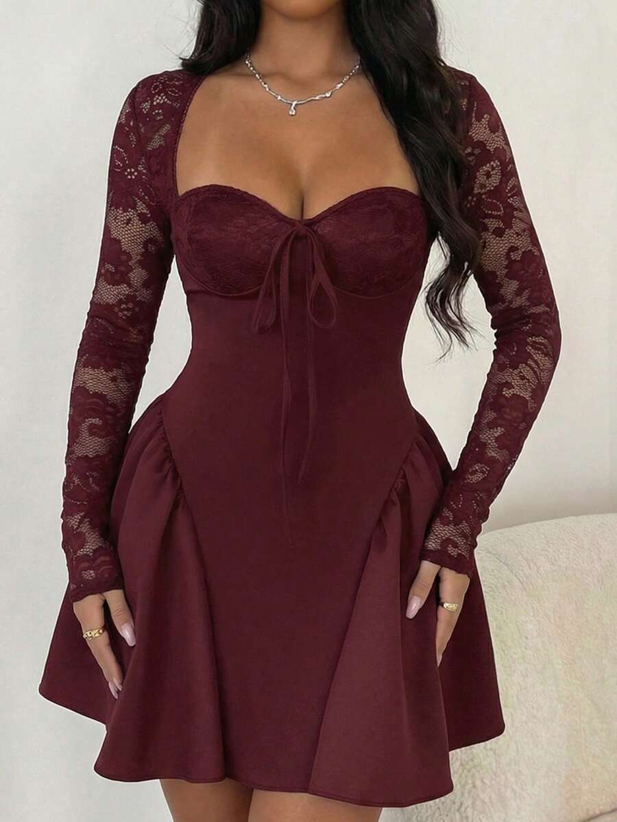 SHEIN Allurite Holiday Costume Dress Christmas Party Ball White Lace Long Sleeve Princess Tutu Sexy Mini Dress;Fall Women Clothes;Holiday Party Dress;New Year Eve Dress;New Years Women Outfit,Valentine's Day Mini Dress, Spring/Summer Mini Dress,Black And White Stitching Black Corset Dress Dinner Date Dress Sweetheart Neckline Dress Corset Top Dress Wine Dress Maroon Dress