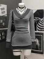 StreetHx Women's Casual Striped V-Neck Long Sleeve Short Dress