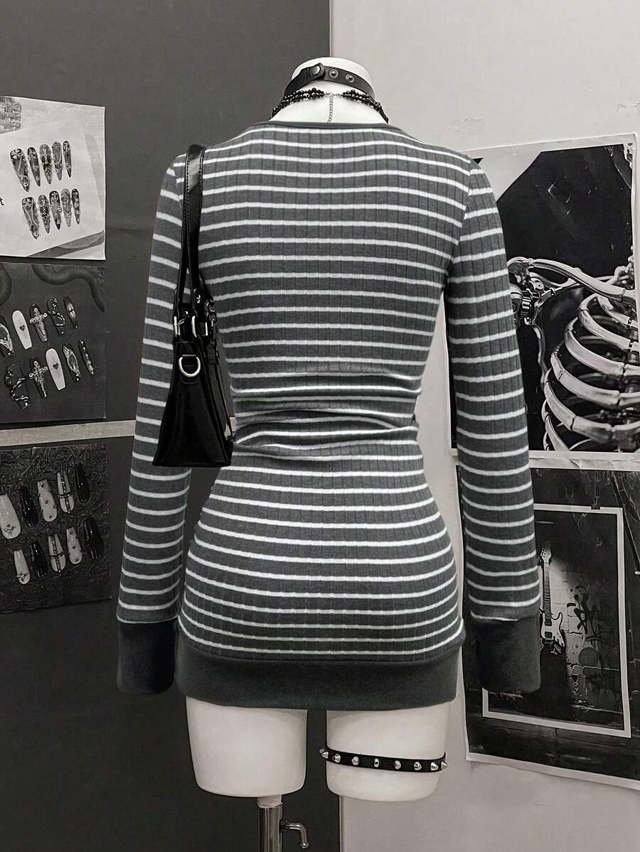 StreetHx Women's Casual Striped V-Neck Long Sleeve Short Dress