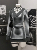 StreetHx Women's Casual Striped V-Neck Long Sleeve Short Dress