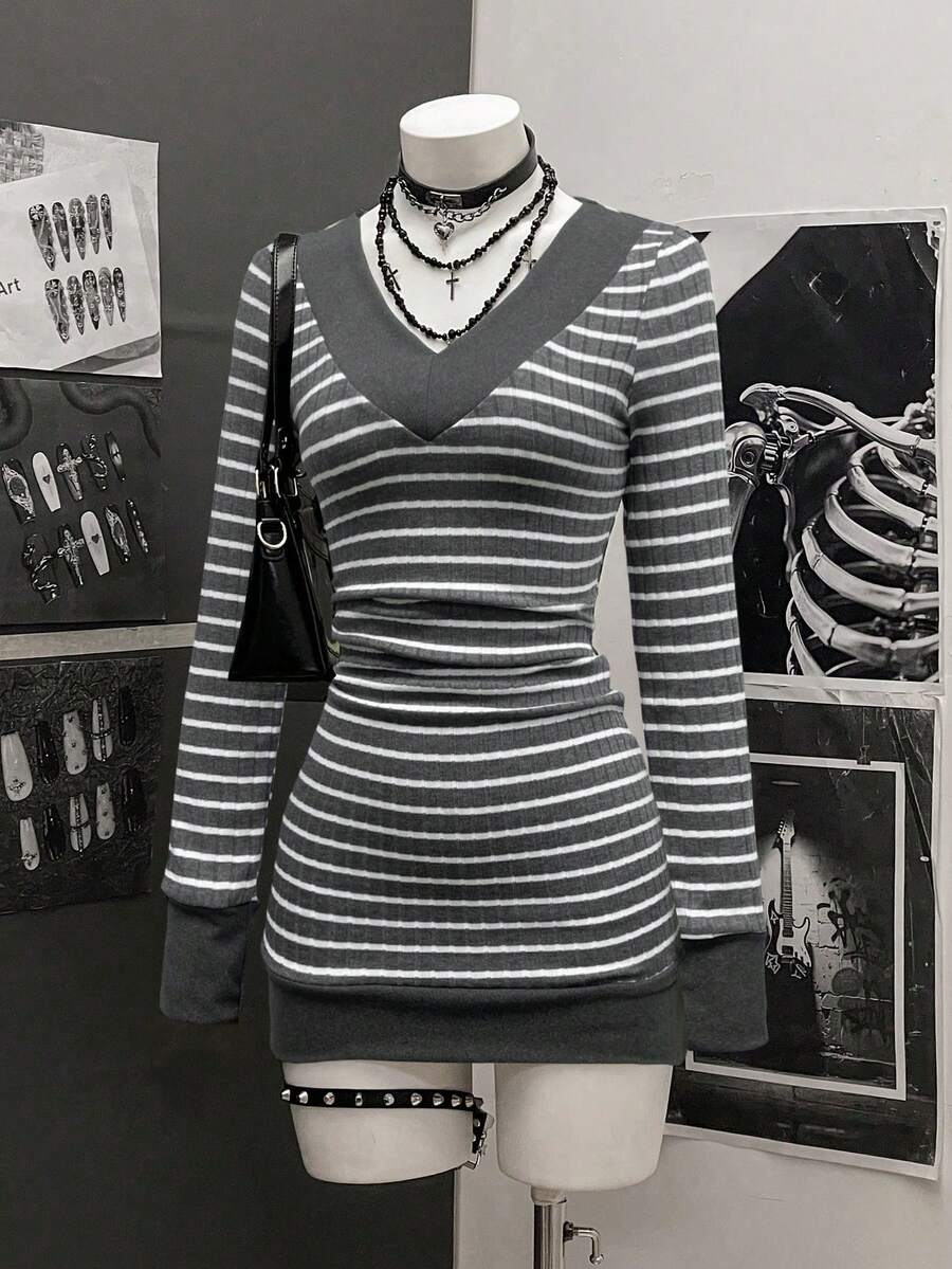 StreetHx Women's Casual Striped V-Neck Long Sleeve Short Dress