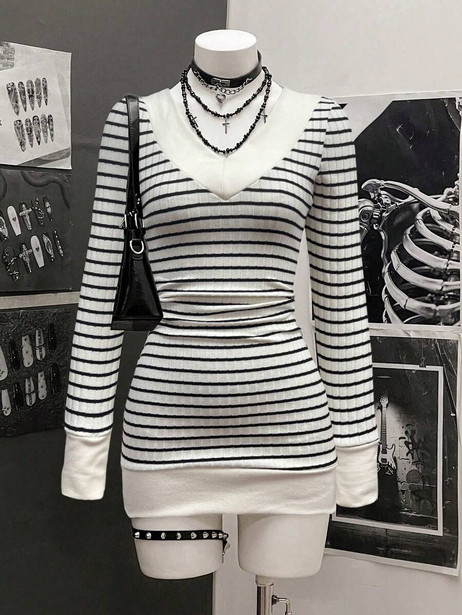 StreetHx Women's Casual Striped V-Neck Long Sleeve Short Dress