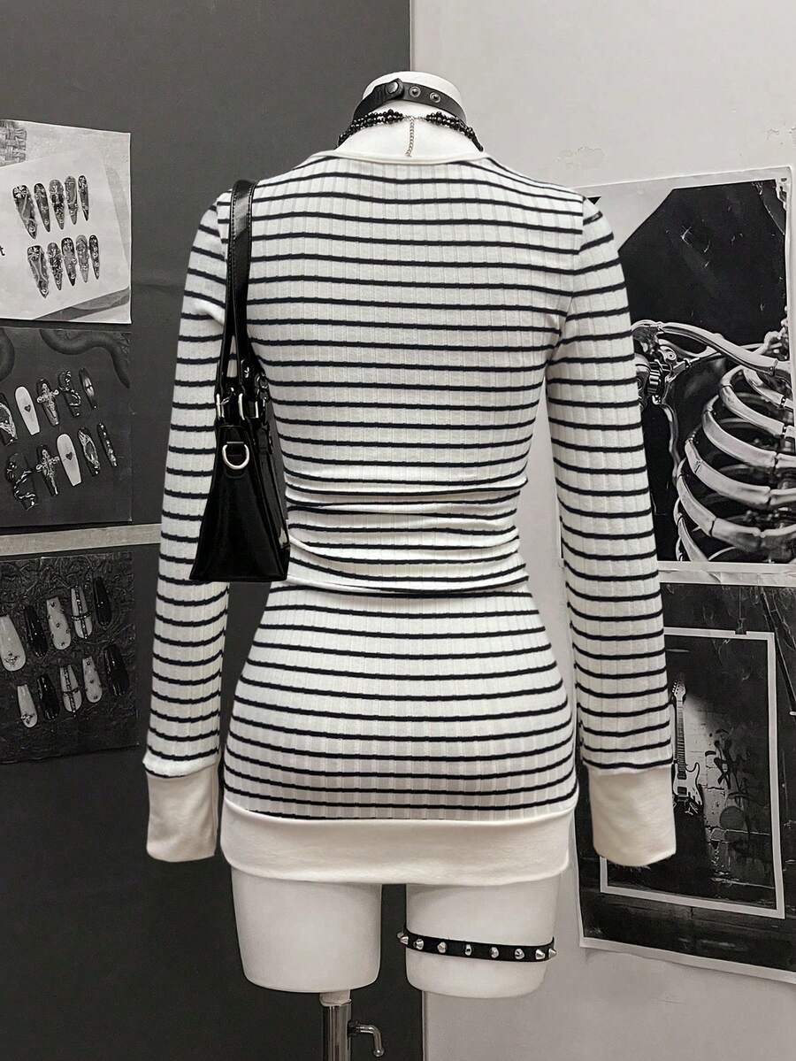 StreetHx Women's Casual Striped V-Neck Long Sleeve Short Dress