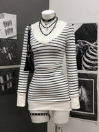StreetHx Women's Casual Striped V-Neck Long Sleeve Short Dress