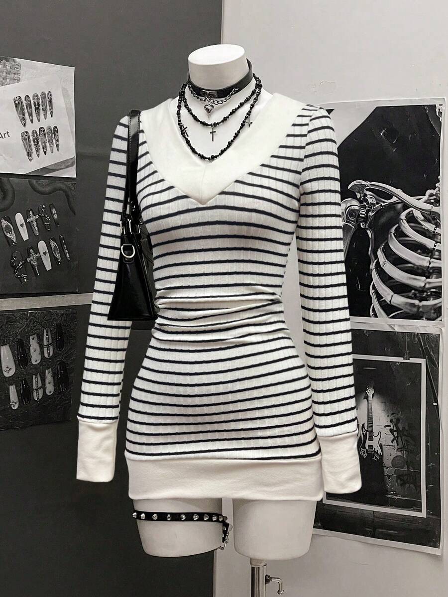StreetHx Women's Casual Striped V-Neck Long Sleeve Short Dress