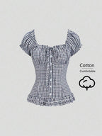 Sweetra Women's Summer Solid Color Ruffle Hem Tie Waist Short Sleeve Blouse