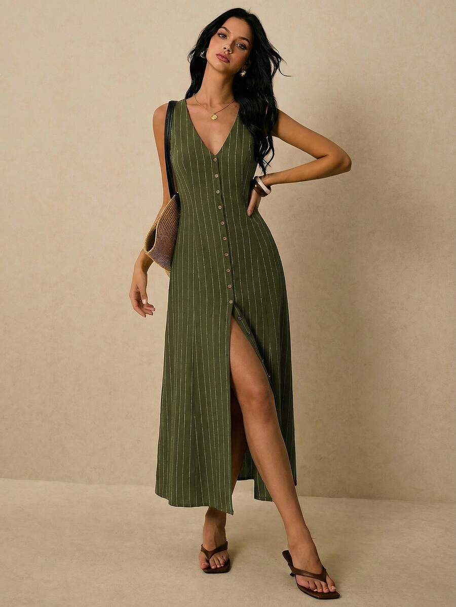 Poéselle Women's Dresses Linen Dresses Tie Back Waist Button Placket Striped Dress Vest Dress Boho Holiday Women's Sleeveless Striped Dress Casual Vacation Y2k Clothes Country Concert Outfit Old Money Streetwear Going Out Outfits Vintage