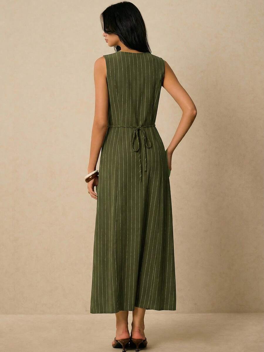 Poéselle Women's Dresses Linen Dresses Tie Back Waist Button Placket Striped Dress Vest Dress Boho Holiday Women's Sleeveless Striped Dress Casual Vacation Y2k Clothes Country Concert Outfit Old Money Streetwear Going Out Outfits Vintage