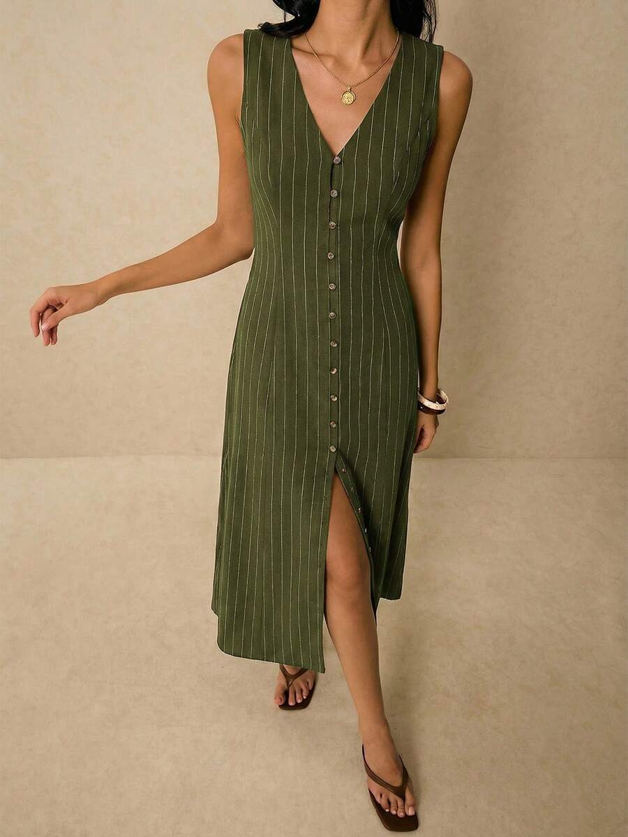 Poéselle Women's Dresses Linen Dresses Tie Back Waist Button Placket Striped Dress Vest Dress Boho Holiday Women's Sleeveless Striped Dress Casual Vacation Y2k Clothes Country Concert Outfit Old Money Streetwear Going Out Outfits Vintage