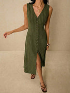 Poéselle Women's Dresses Linen Dresses Tie Back Waist Button Placket Striped Dress Vest Dress Boho Holiday Women's Sleeveless Striped Dress Casual Vacation Y2k Clothes Country Concert Outfit Old Money Streetwear Going Out Outfits Vintage
