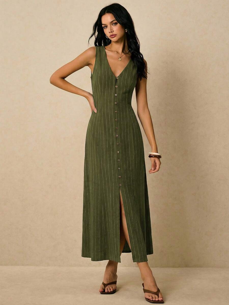 Poéselle Women's Dresses Linen Dresses Tie Back Waist Button Placket Striped Dress Vest Dress Boho Holiday Women's Sleeveless Striped Dress Casual Vacation Y2k Clothes Country Concert Outfit Old Money Streetwear Going Out Outfits Vintage