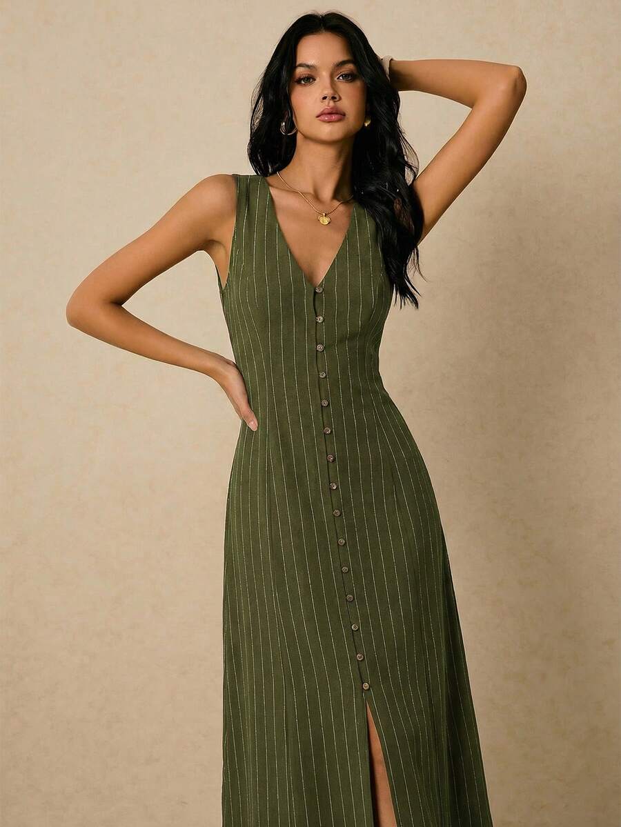 Poéselle Women's Dresses Linen Dresses Tie Back Waist Button Placket Striped Dress Vest Dress Boho Holiday Women's Sleeveless Striped Dress Casual Vacation Y2k Clothes Country Concert Outfit Old Money Streetwear Going Out Outfits Vintage