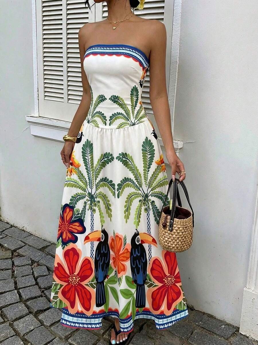 MainGRL Women's Polka Dot Print Waist Cinched Bandeau Dress, Vacation Style,Dresses For Women Casual Sun Dress Long Brown Long Dress Brown Sundress Brown Maxi Dress Brown Polka Dot Dress