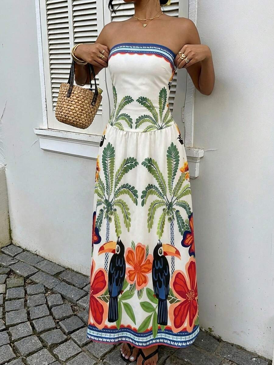MainGRL Women's Polka Dot Print Waist Cinched Bandeau Dress, Vacation Style,Dresses For Women Casual Sun Dress Long Brown Long Dress Brown Sundress Brown Maxi Dress Brown Polka Dot Dress
