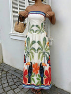 MainGRL Women's Polka Dot Print Waist Cinched Bandeau Dress, Vacation Style,Dresses For Women Casual Sun Dress Long Brown Long Dress Brown Sundress Brown Maxi Dress Brown Polka Dot Dress