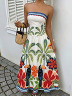 MainGRL Women's Polka Dot Print Waist Cinched Bandeau Dress, Vacation Style,Dresses For Women Casual Sun Dress Long Brown Long Dress Brown Sundress Brown Maxi Dress Brown Polka Dot Dress