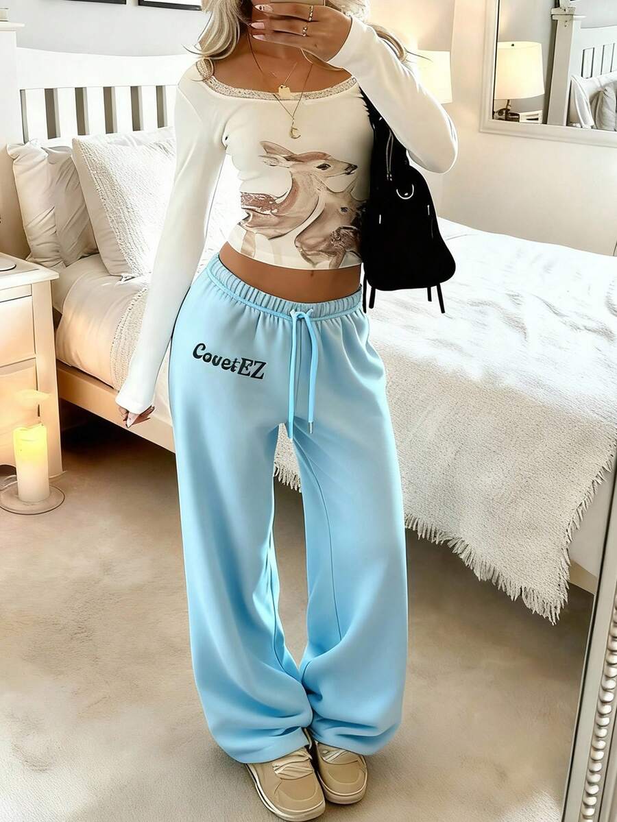 CovetEZ Women's Casual Loose Solid Color Drawstring Waist Sweatpants Wide Leg Sweatpants Graduation,Back To School Outfits,Graduation,Teacher Outfits For Women,Back To School