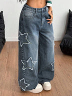 Coolane Women's Winter/All-Season Streetwear  Hippie   Music Festival Party Casual Preppy Vintage Basic Star Patched Washed Comfortable Black Baggy  Jeans