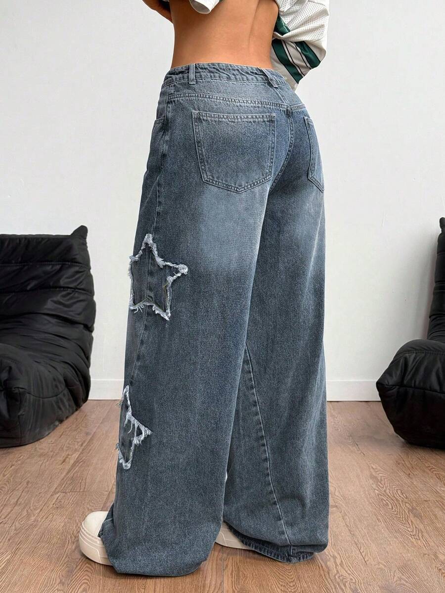 Coolane Women's Winter/All-Season Streetwear  Hippie   Music Festival Party Casual Preppy Vintage Basic Star Patched Washed Comfortable Black Baggy  Jeans