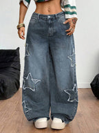 Coolane Women's Winter/All-Season Streetwear  Hippie   Music Festival Party Casual Preppy Vintage Basic Star Patched Washed Comfortable Black Baggy  Jeans