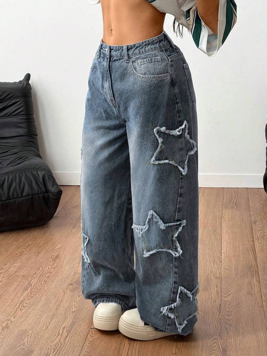 Coolane Women's Winter/All-Season Streetwear  Hippie   Music Festival Party Casual Preppy Vintage Basic Star Patched Washed Comfortable Black Baggy  Jeans