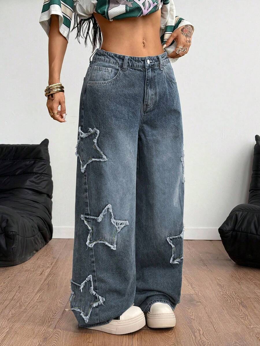 Coolane Women's Winter/All-Season Streetwear  Hippie   Music Festival Party Casual Preppy Vintage Basic Star Patched Washed Comfortable Black Baggy  Jeans