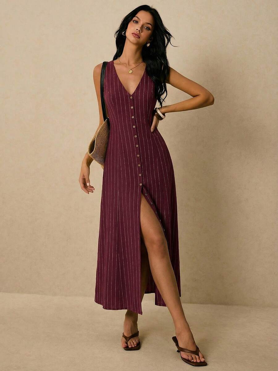Poéselle Women's Dresses Linen Dresses Tie Back Waist Button Placket Striped Dress Vest Dress Boho Holiday Women's Sleeveless Striped Dress Casual Vacation Y2k Clothes Country Concert Outfit Old Money Streetwear Going Out Outfits Vintage