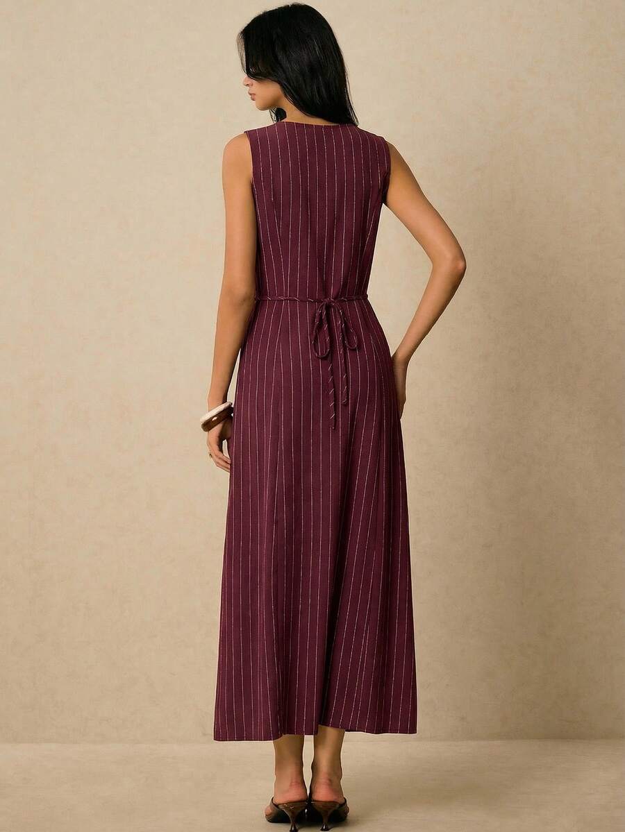 Poéselle Women's Dresses Linen Dresses Tie Back Waist Button Placket Striped Dress Vest Dress Boho Holiday Women's Sleeveless Striped Dress Casual Vacation Y2k Clothes Country Concert Outfit Old Money Streetwear Going Out Outfits Vintage