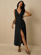 Poéselle Women's Dresses Linen Dresses Tie Back Waist Button Placket Striped Dress Vest Dress Boho Holiday Women's Sleeveless Striped Dress Casual Vacation Y2k Clothes Country Concert Outfit Old Money Streetwear Going Out Outfits Vintage