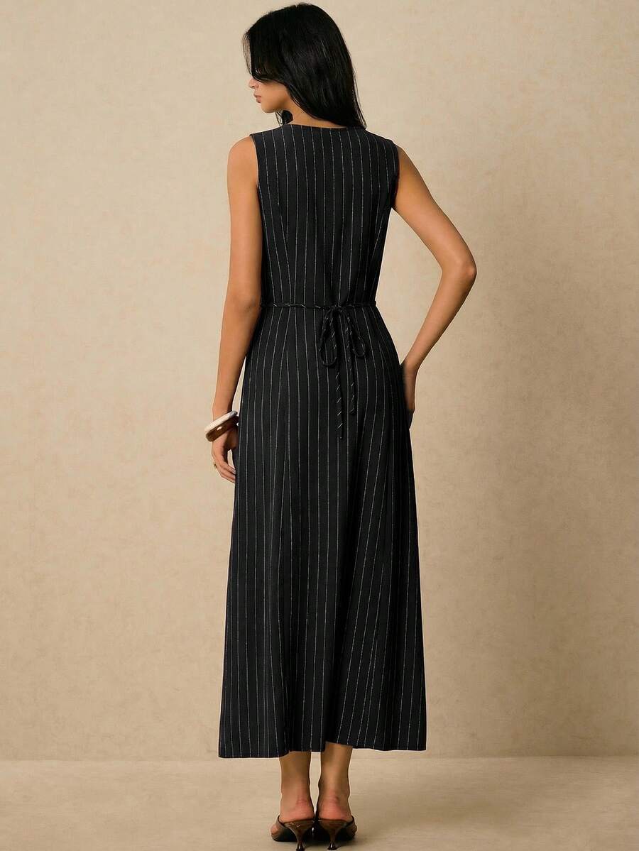 Poéselle Women's Dresses Linen Dresses Tie Back Waist Button Placket Striped Dress Vest Dress Boho Holiday Women's Sleeveless Striped Dress Casual Vacation Y2k Clothes Country Concert Outfit Old Money Streetwear Going Out Outfits Vintage