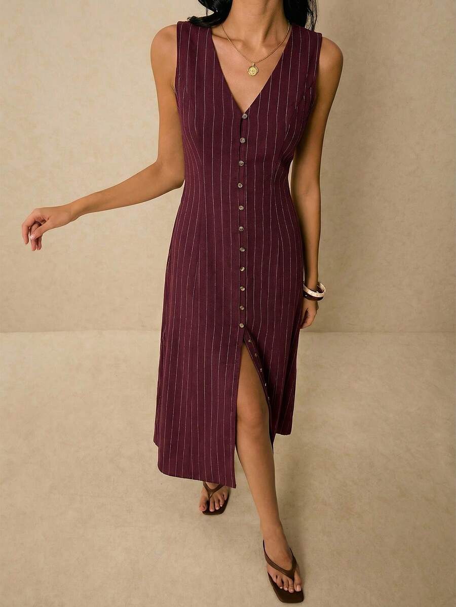 Poéselle Women's Dresses Linen Dresses Tie Back Waist Button Placket Striped Dress Vest Dress Boho Holiday Women's Sleeveless Striped Dress Casual Vacation Y2k Clothes Country Concert Outfit Old Money Streetwear Going Out Outfits Vintage