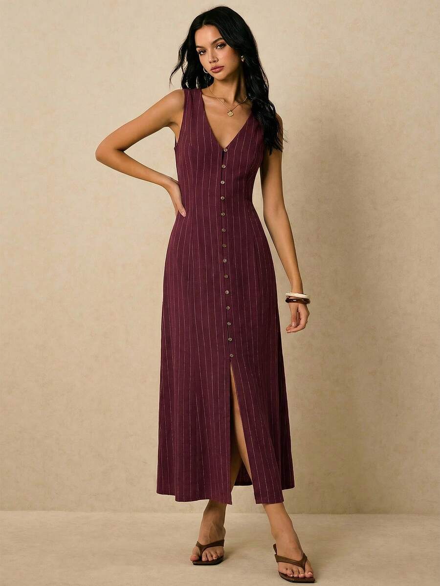 Poéselle Women's Dresses Linen Dresses Tie Back Waist Button Placket Striped Dress Vest Dress Boho Holiday Women's Sleeveless Striped Dress Casual Vacation Y2k Clothes Country Concert Outfit Old Money Streetwear Going Out Outfits Vintage
