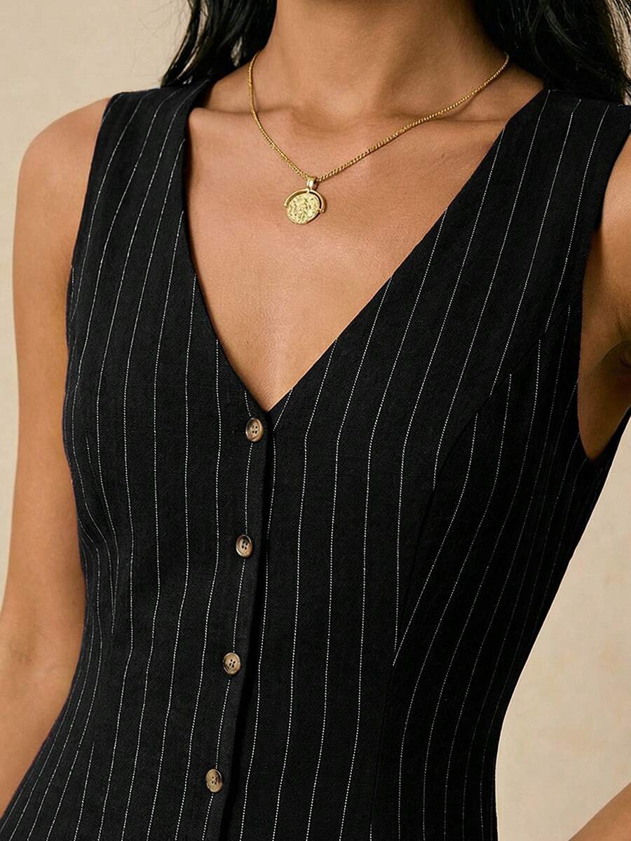 Poéselle Women's Dresses Linen Dresses Tie Back Waist Button Placket Striped Dress Vest Dress Boho Holiday Women's Sleeveless Striped Dress Casual Vacation Y2k Clothes Country Concert Outfit Old Money Streetwear Going Out Outfits Vintage