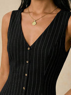 Poéselle Women's Dresses Linen Dresses Tie Back Waist Button Placket Striped Dress Vest Dress Boho Holiday Women's Sleeveless Striped Dress Casual Vacation Y2k Clothes Country Concert Outfit Old Money Streetwear Going Out Outfits Vintage