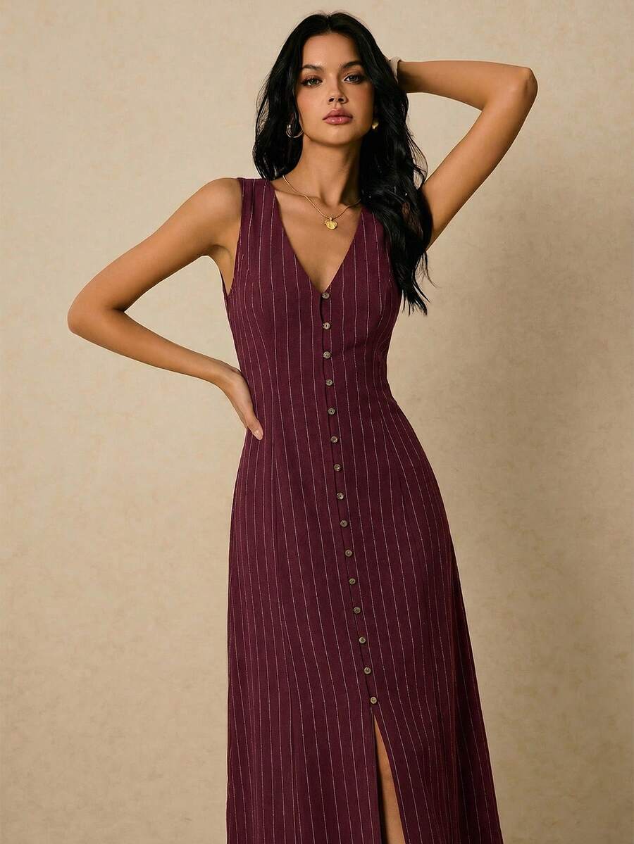 Poéselle Women's Dresses Linen Dresses Tie Back Waist Button Placket Striped Dress Vest Dress Boho Holiday Women's Sleeveless Striped Dress Casual Vacation Y2k Clothes Country Concert Outfit Old Money Streetwear Going Out Outfits Vintage