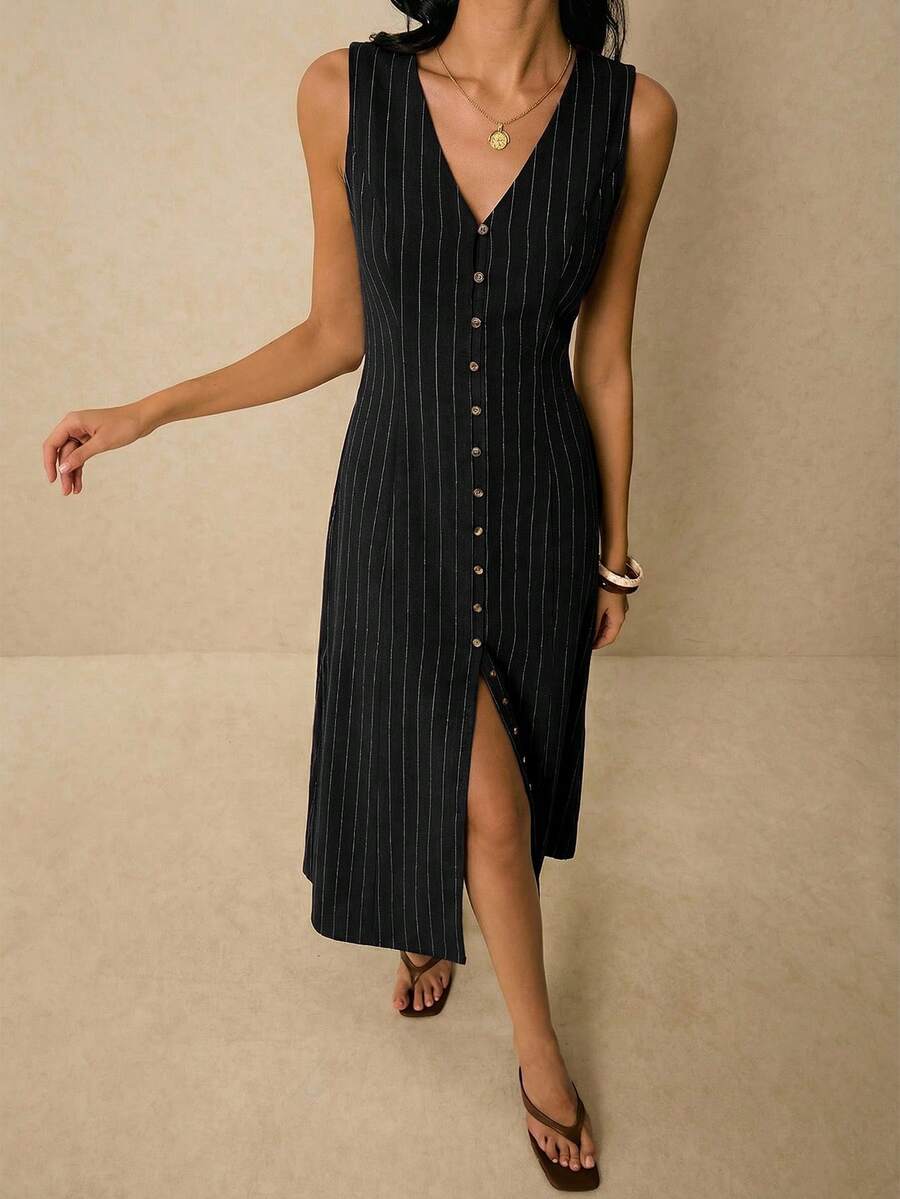 Poéselle Women's Dresses Linen Dresses Tie Back Waist Button Placket Striped Dress Vest Dress Boho Holiday Women's Sleeveless Striped Dress Casual Vacation Y2k Clothes Country Concert Outfit Old Money Streetwear Going Out Outfits Vintage