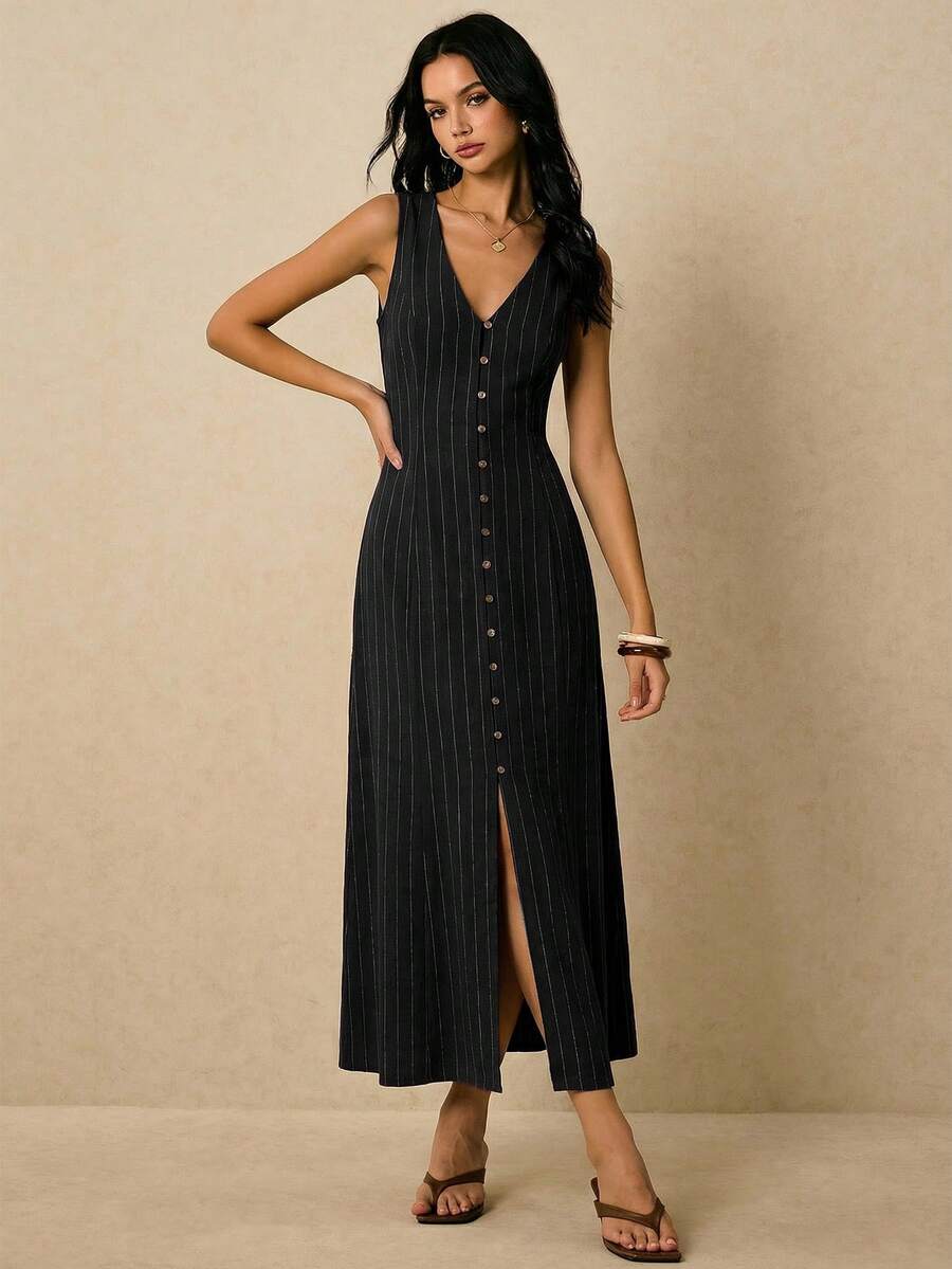 Poéselle Women's Dresses Linen Dresses Tie Back Waist Button Placket Striped Dress Vest Dress Boho Holiday Women's Sleeveless Striped Dress Casual Vacation Y2k Clothes Country Concert Outfit Old Money Streetwear Going Out Outfits Vintage