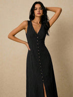 Poéselle Women's Dresses Linen Dresses Tie Back Waist Button Placket Striped Dress Vest Dress Boho Holiday Women's Sleeveless Striped Dress Casual Vacation Y2k Clothes Country Concert Outfit Old Money Streetwear Going Out Outfits Vintage