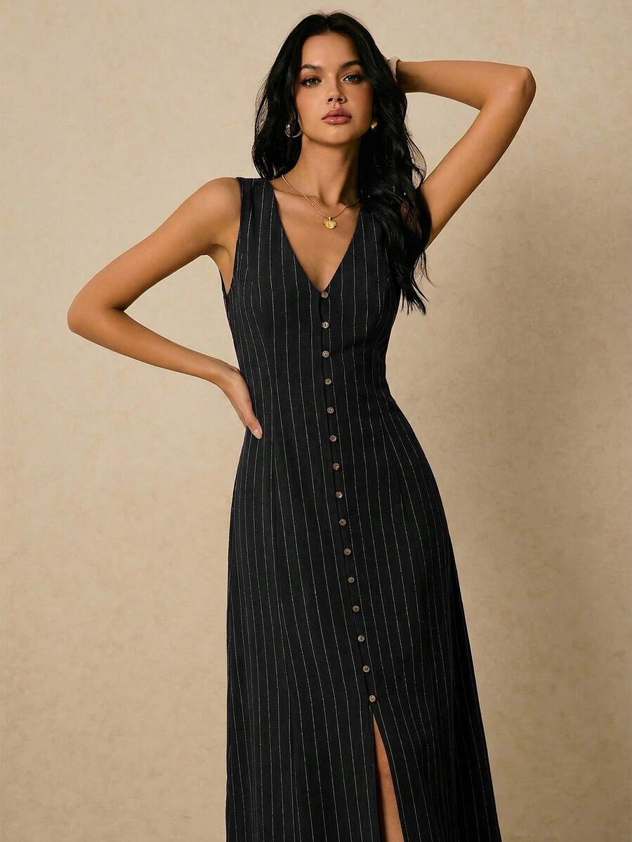 Poéselle Women's Dresses Linen Dresses Tie Back Waist Button Placket Striped Dress Vest Dress Boho Holiday Women's Sleeveless Striped Dress Casual Vacation Y2k Clothes Country Concert Outfit Old Money Streetwear Going Out Outfits Vintage