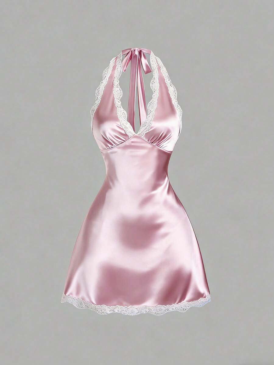 Sweetra Women's Spring Lace Trim V-Neck Fitted A-Line Sexy Pink Dress
