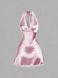 Sweetra Women's Spring Lace Trim V-Neck Fitted A-Line Sexy Pink Dress