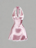 Sweetra Women's Spring Lace Trim V-Neck Fitted A-Line Sexy Pink Dress