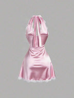 Sweetra Women's Spring Lace Trim V-Neck Fitted A-Line Sexy Pink Dress